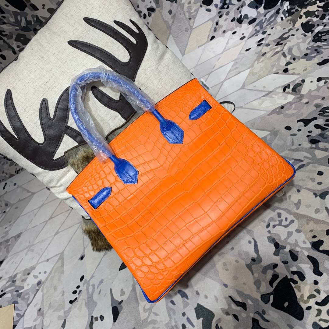 爱马仕拼色铂金包 Hermes Birkin30CM 橙色拼电光蓝雾面鳄鱼皮 金扣