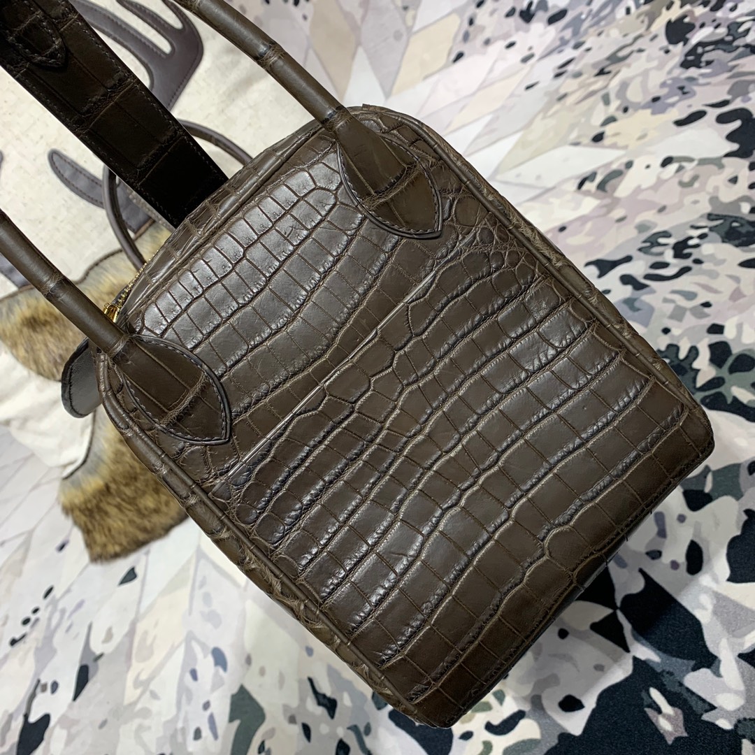 Hermes Lindy30CM 爱马仕深啡色雾面鳄鱼皮琳迪包单肩包 金扣