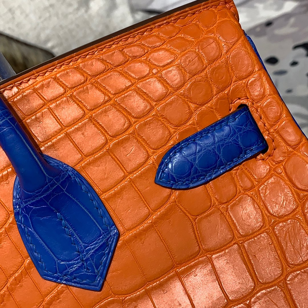 爱马仕拼色铂金包 Hermes Birkin30CM 橙色拼电光蓝雾面鳄鱼皮 金扣