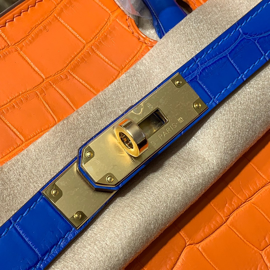 爱马仕拼色铂金包 Hermes Birkin30CM 橙色拼电光蓝雾面鳄鱼皮 金扣