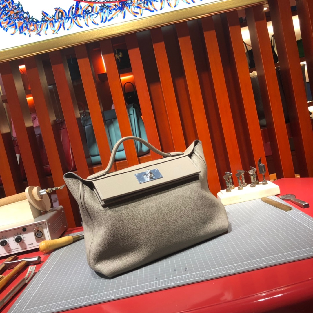 爱马仕包包价格 Hermes Kelly24-24 浅灰色进口Taurillon maurice皮凯莉包新款29CM 银扣