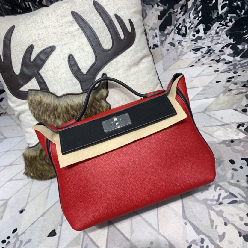 爱马仕新款女包 Hermes Kelly24-24 Q5中国红拼89黑色拼色手提包29CM 银扣