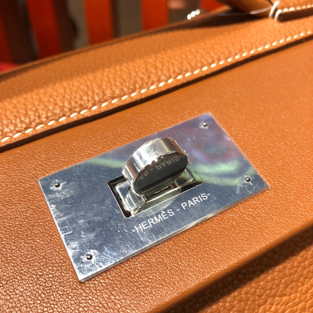 Hermes新款女包 爱马仕土黄色Taurillon maurice皮24-24Kelly新款凯莉包29CM 银扣