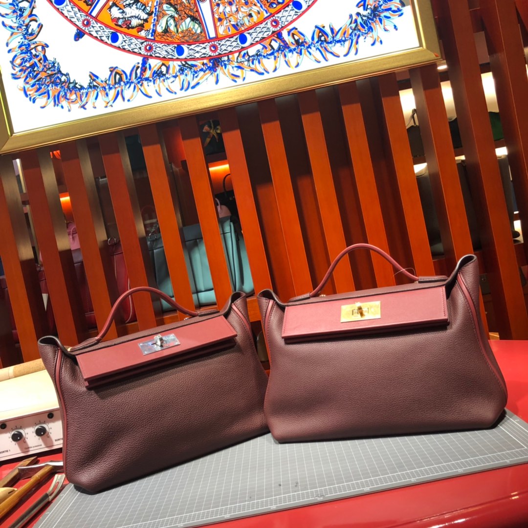 Hermes包包官网 爱马仕波尔多酒红法国Taurillon maurice皮24-24Kelly29CM 金扣