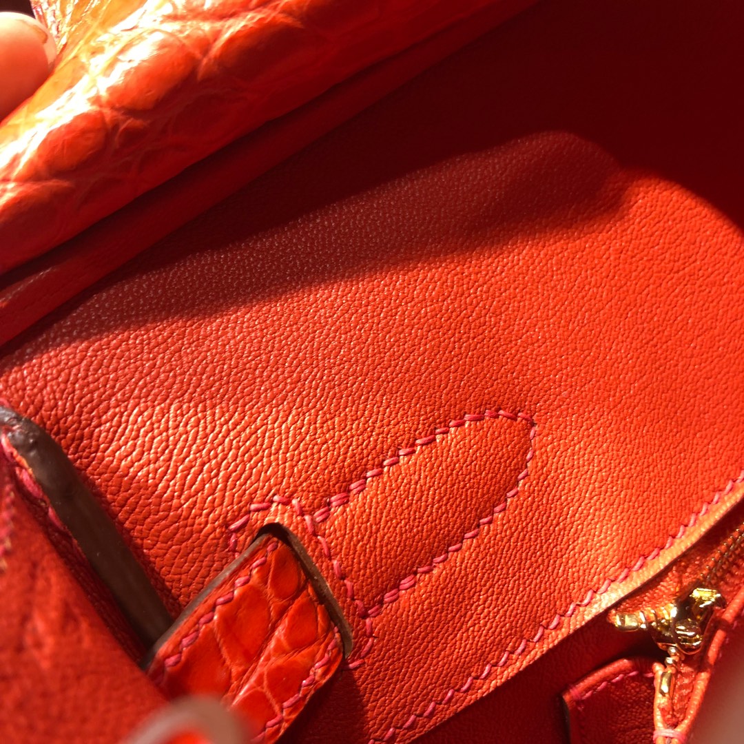 全手工缝制 Hermes爱马仕橙色雾面鳄鱼皮铂金包Birkin30CM 金扣