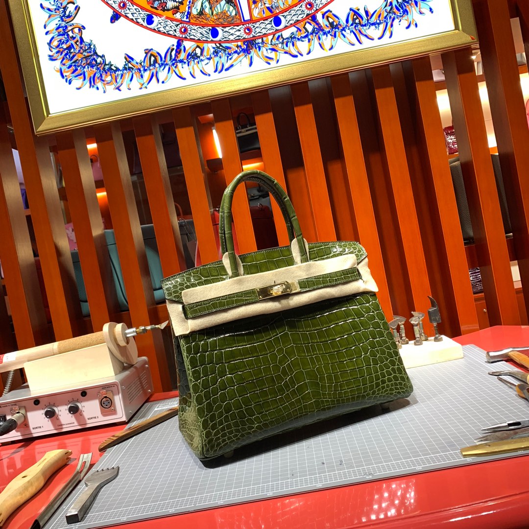 顶尖工艺 Hermes爱马仕铂金包 61橄榄绿亮面尼罗鳄鱼皮Birkin30CM 金扣