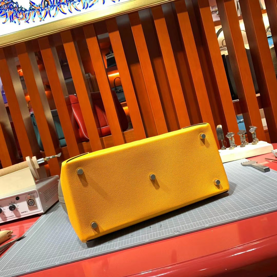 Hermes Maxibox Cabas 爱马仕8F锡器灰拼9V太阳黄手提包购物袋30CM
