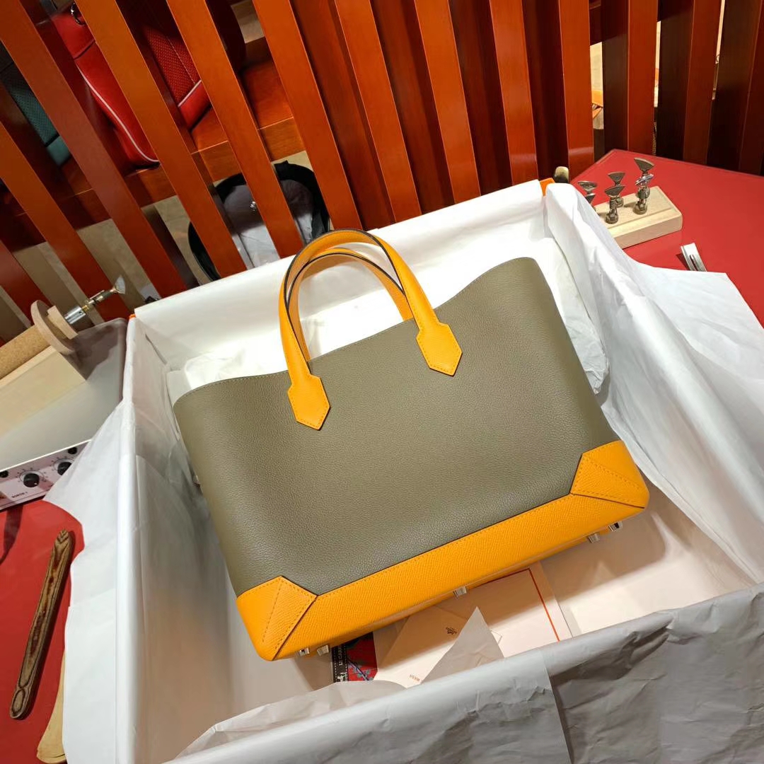 Hermes Maxibox Cabas 爱马仕8F锡器灰拼9V太阳黄手提包购物袋30CM