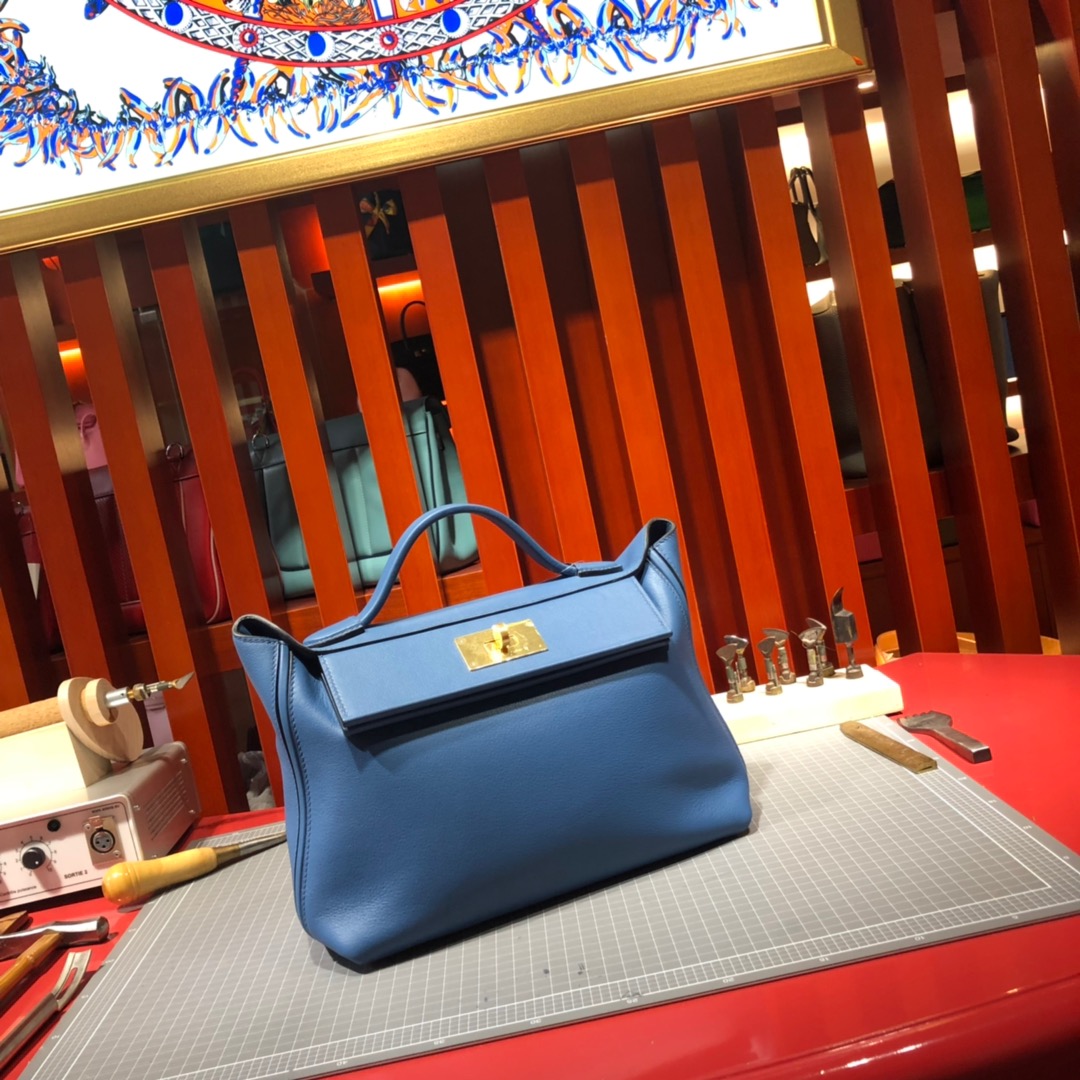 Hermes包包官网 爱马仕明亮蓝色进口Swift牛皮24-24Kelly新款凯莉包29CM 金扣