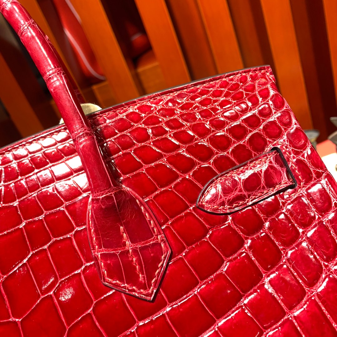 Hermes Birkin30CM 爱马仕95法拉利红亮面尼罗鳄鱼皮铂金包 金扣