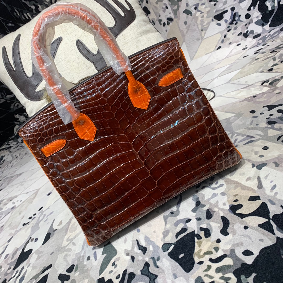 Hermes包包官网 爱马仕咖啡拼橙色亮光鳄鱼皮铂金包Birkin30CM 金扣