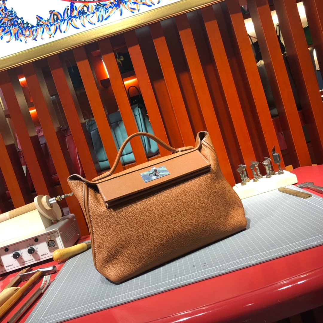 Hermes新款女包 爱马仕土黄色Taurillon maurice皮24-24Kelly新款凯莉包29CM 银扣