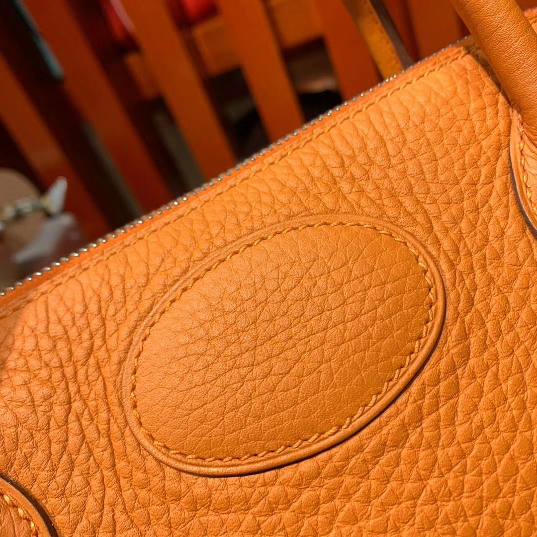 Hermes Bolide31CM 爱马仕93橙色Clemence牛皮保龄球包手提女包 银扣