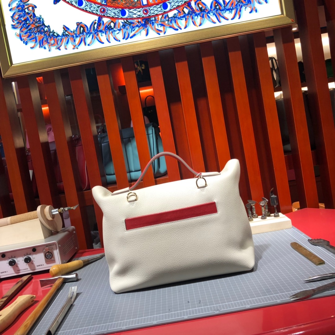 爱马仕新款女包 Hermes奶昔白拼红色拼色凯莉包24-24Kelly29CM 金扣