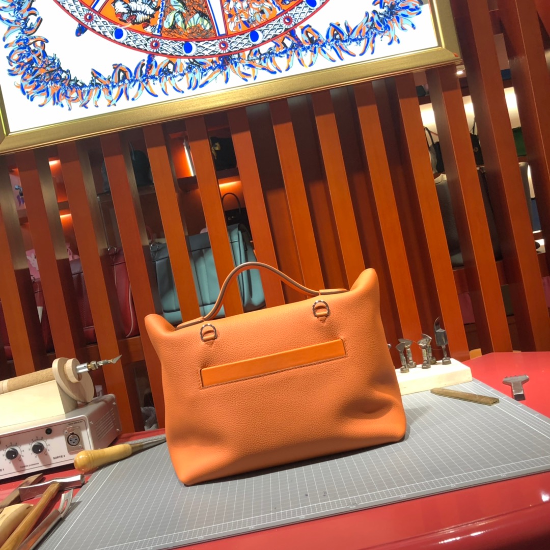 Hermes包包官网 爱马仕橙色法国Togo小牛皮新款凯莉包24-24Kelly29CM 银扣