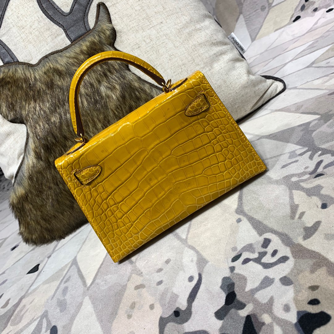 Hermes Minikelly2代 爱马仕迷你凯莉包2代手包 琥珀黄亮光鳄鱼皮 金扣