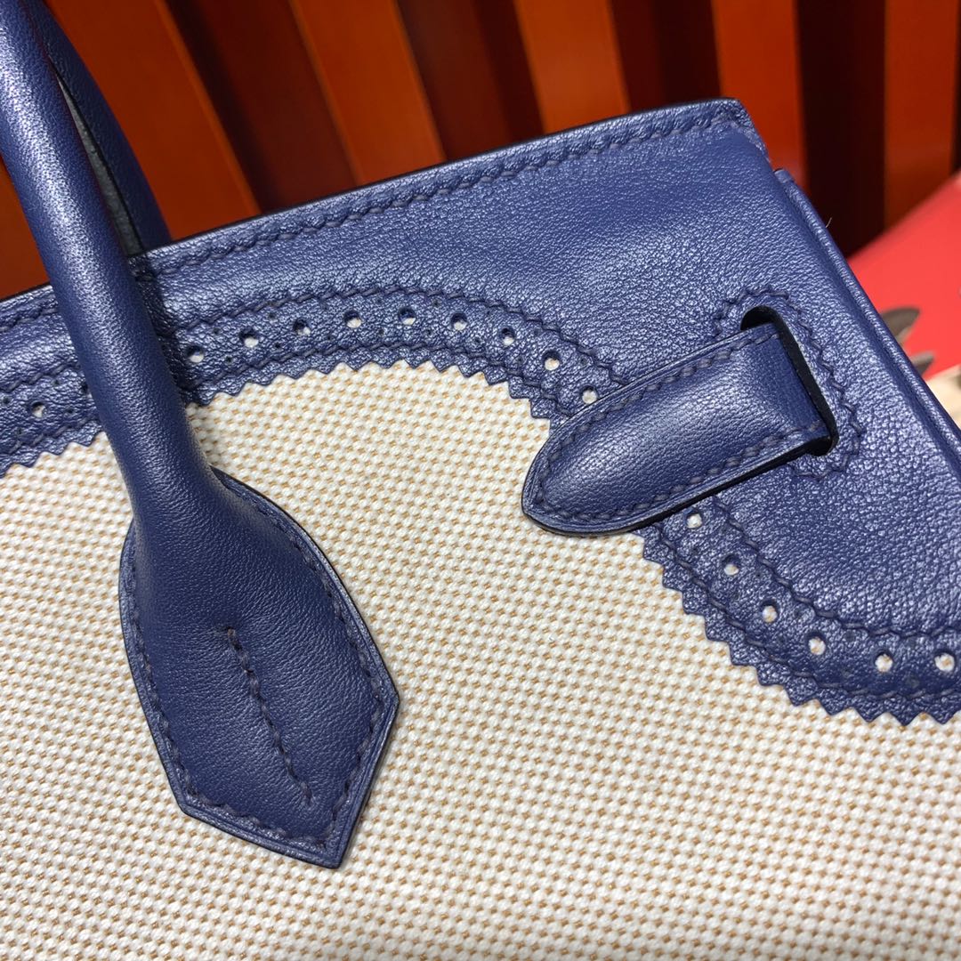 爱马仕拼色铂金包蕾丝款 Hermes Birkin30CM 宝石蓝Swit牛皮拼帆布 银扣
