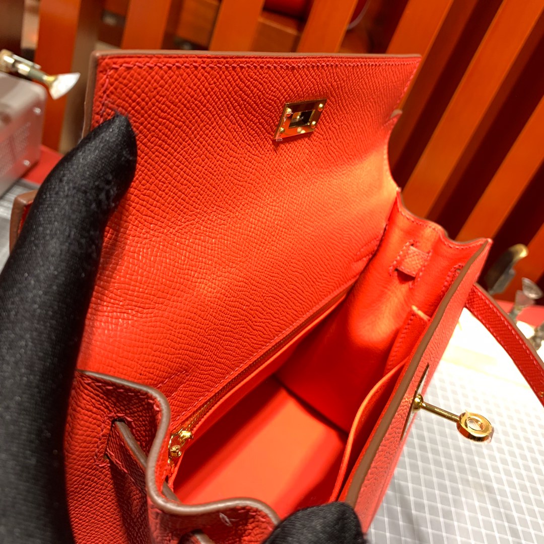 爱马仕凯莉包价格 Hermes Kelly25CM 橙色顶级手掌纹牛皮 金扣