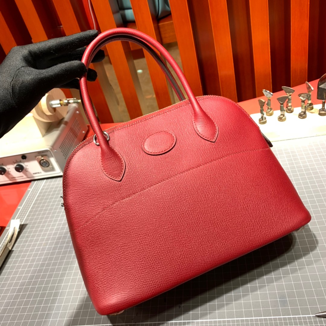 Hermes Bolide27CM 爱马仕原厂Epsom牛皮保龄球包手提女包 石榴红