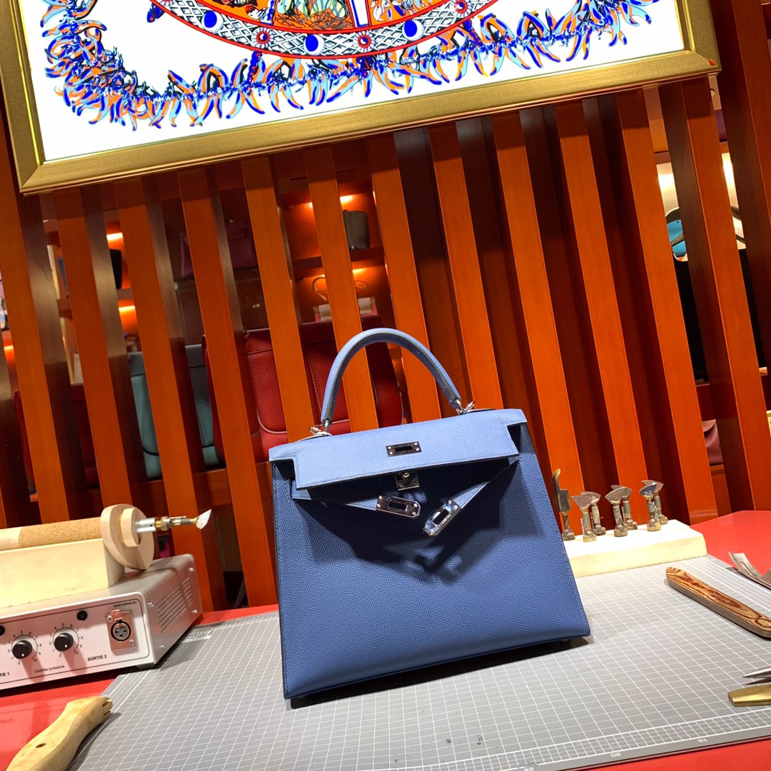 Hermes Kelly25CM 爱马仕顶级手掌纹牛皮凯莉包 玛瑙蓝 银扣
