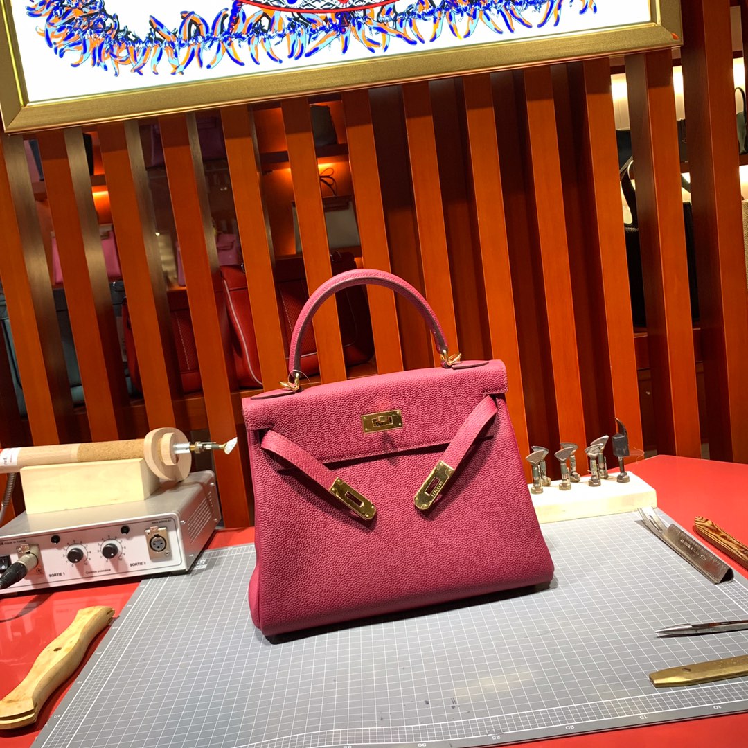Hemes Kelly28CM 爱马仕B5宝石红顶级Togo牛皮纯手工缝制凯莉包 金扣