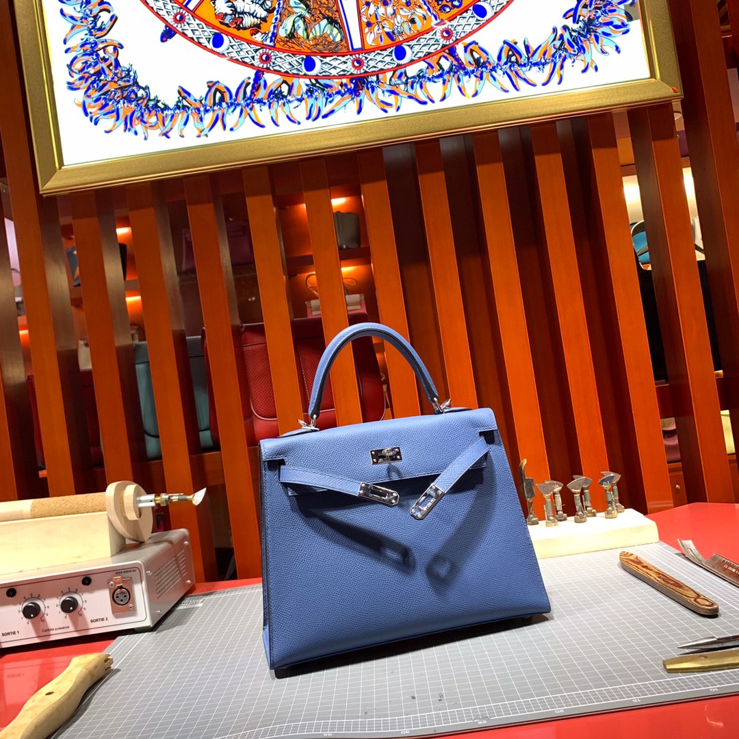 Hermes Kelly25CM 爱马仕顶级手掌纹牛皮凯莉包 玛瑙蓝 银扣