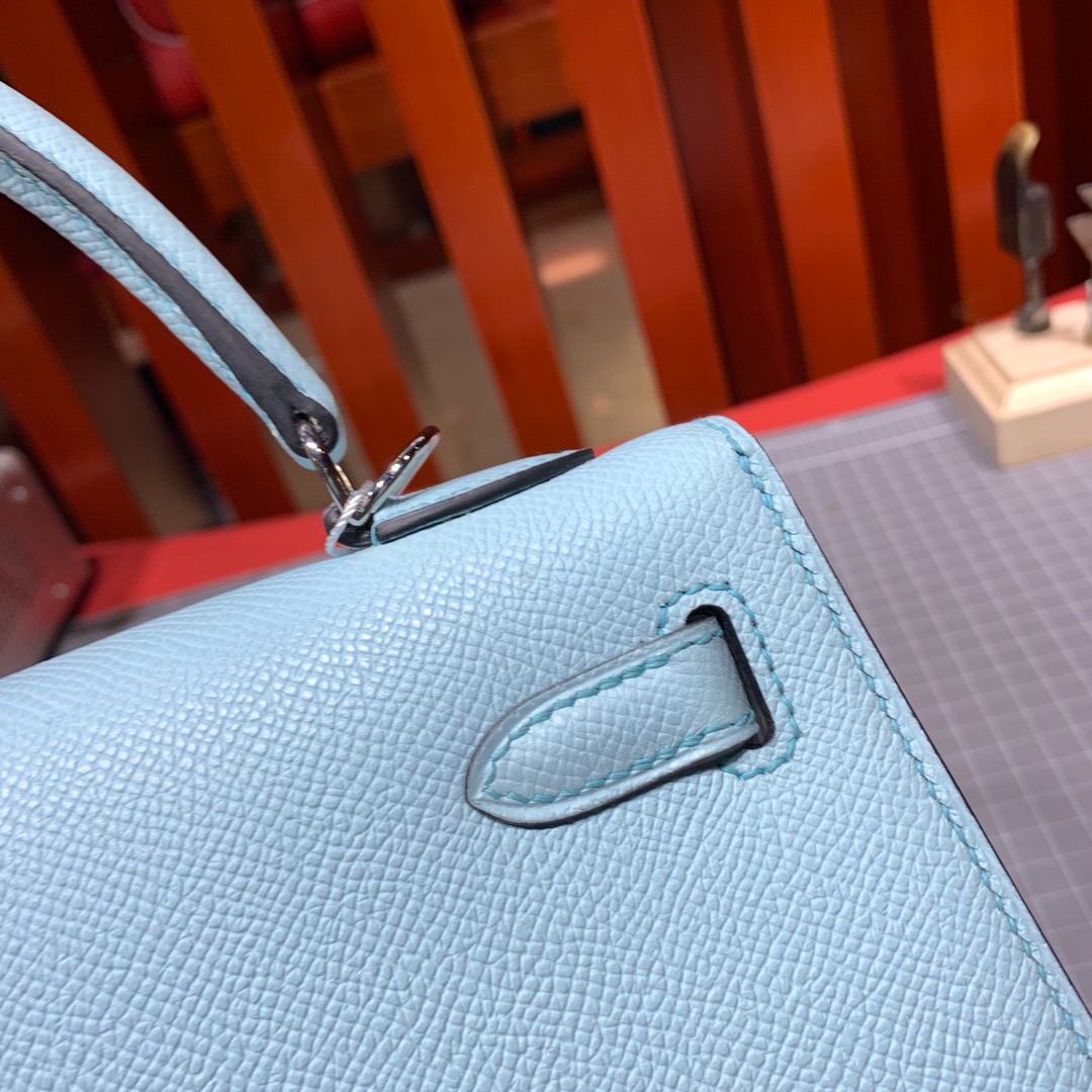 爱马仕凯莉包尺寸 Hermes Kelly25CM 马卡龙蓝进口手掌纹牛皮凯莉包 银扣