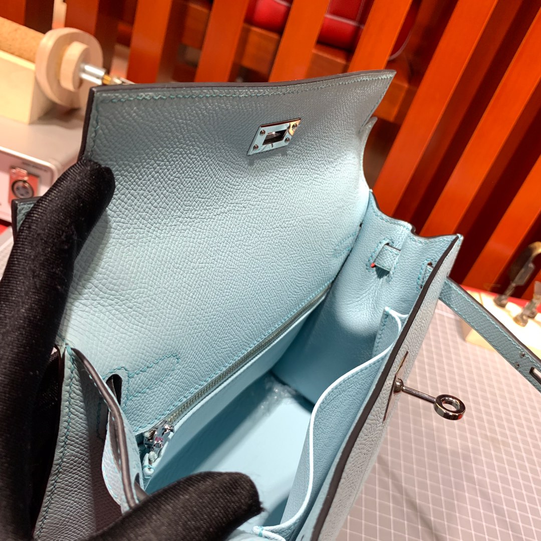 爱马仕凯莉包尺寸 Hermes Kelly25CM 马卡龙蓝进口手掌纹牛皮凯莉包 银扣