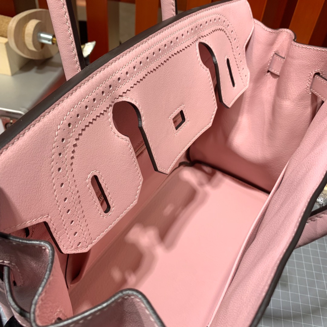 爱马仕铂金包价格 Hermes Birkin30CM 3Q粉色牛皮拼帆布蕾丝铂金包 银扣