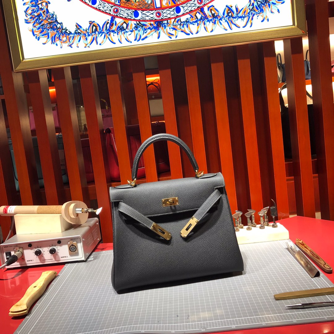 Hermes Kelly28CM 爱马仕89黑色Togo荔枝纹牛皮全手工缝制凯莉包 金扣