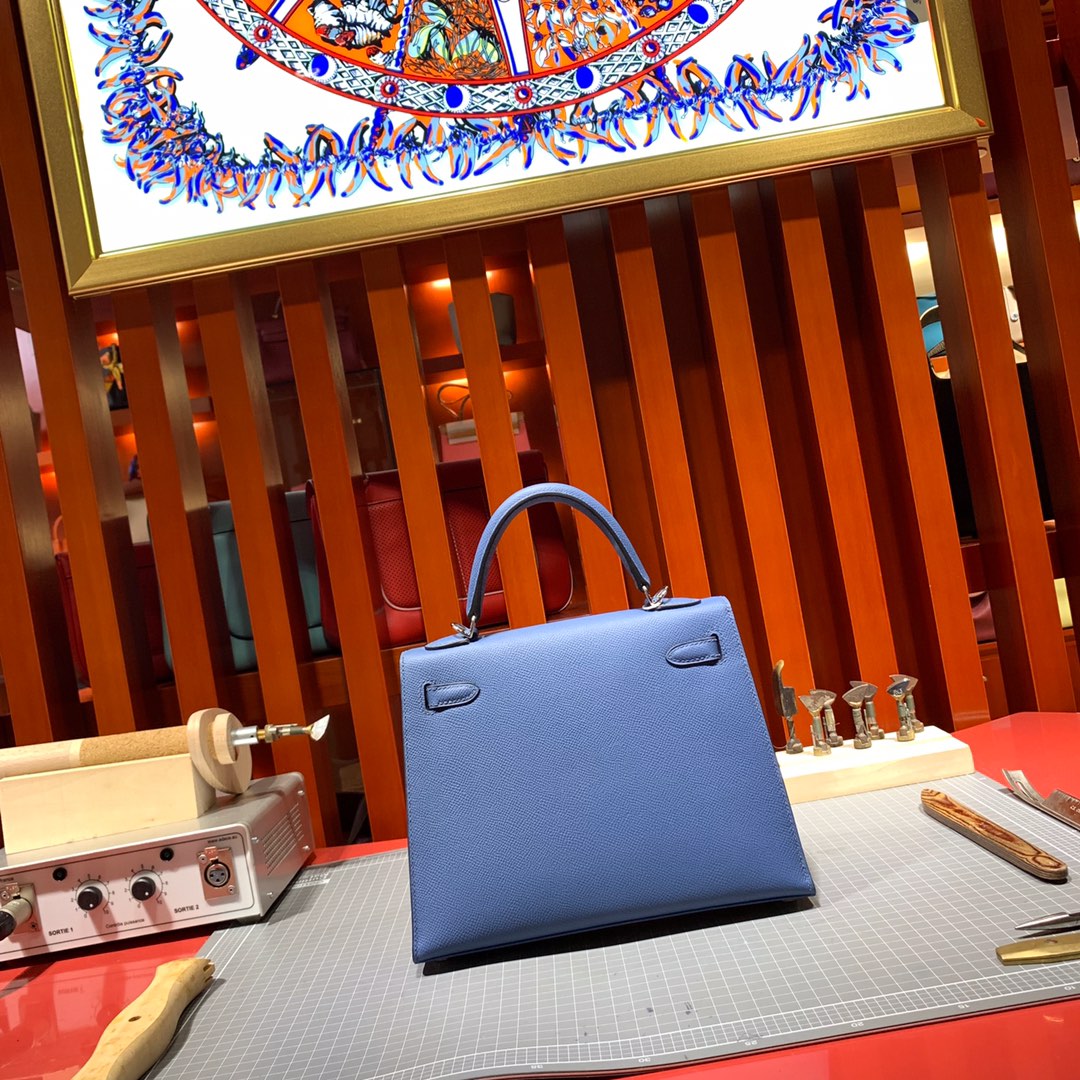 Hermes Kelly25CM 爱马仕顶级手掌纹牛皮凯莉包 玛瑙蓝 银扣
