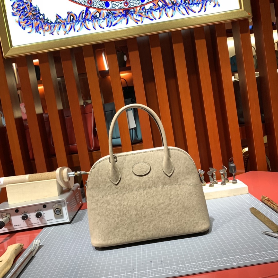 爱马仕保龄球包 Hermes进口Epsom牛皮Bolide女包27CM 风衣灰 银扣