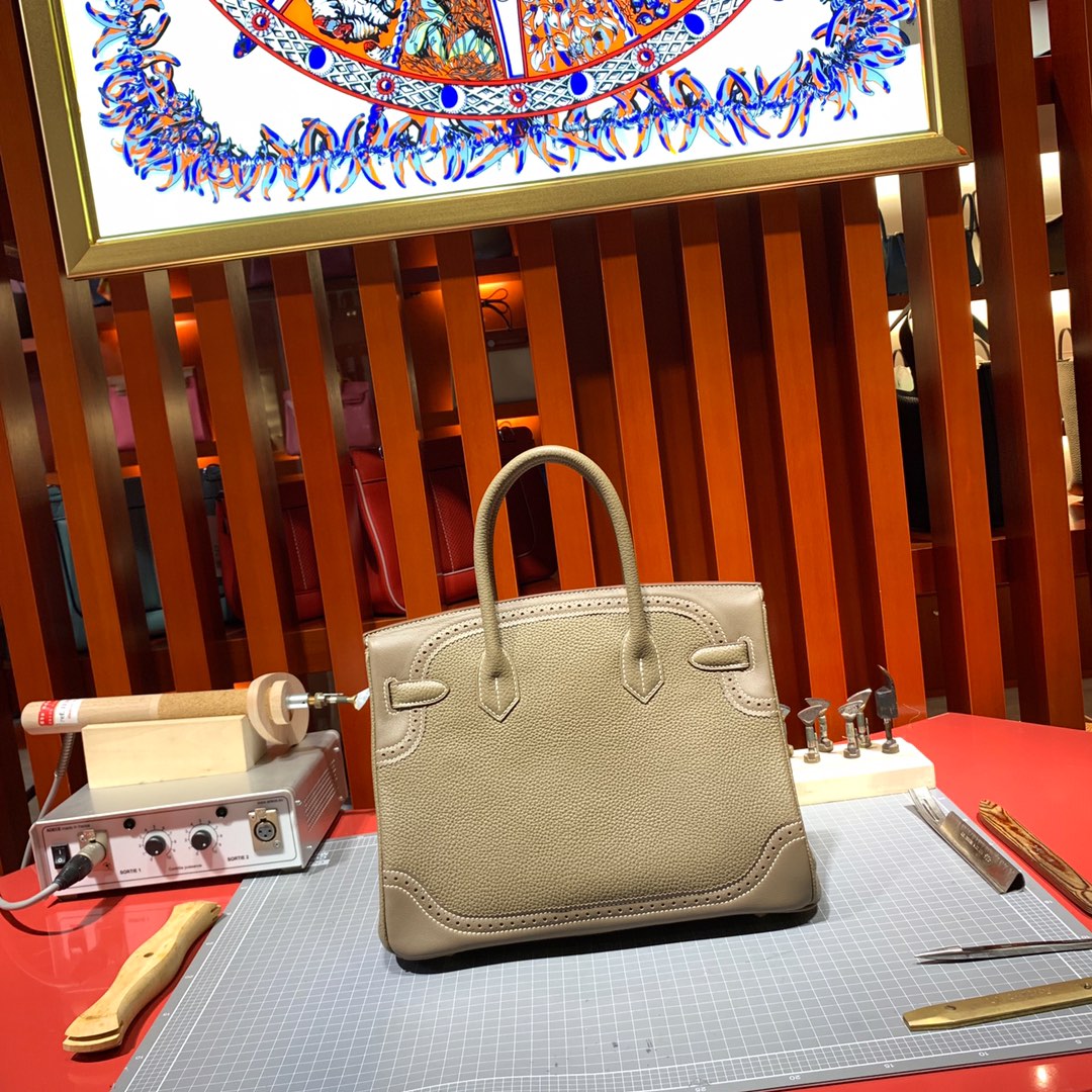 手工缝制 Hermes爱马仕限量款蕾丝铂金包Birkin30cm 大象灰Togo牛皮 金扣