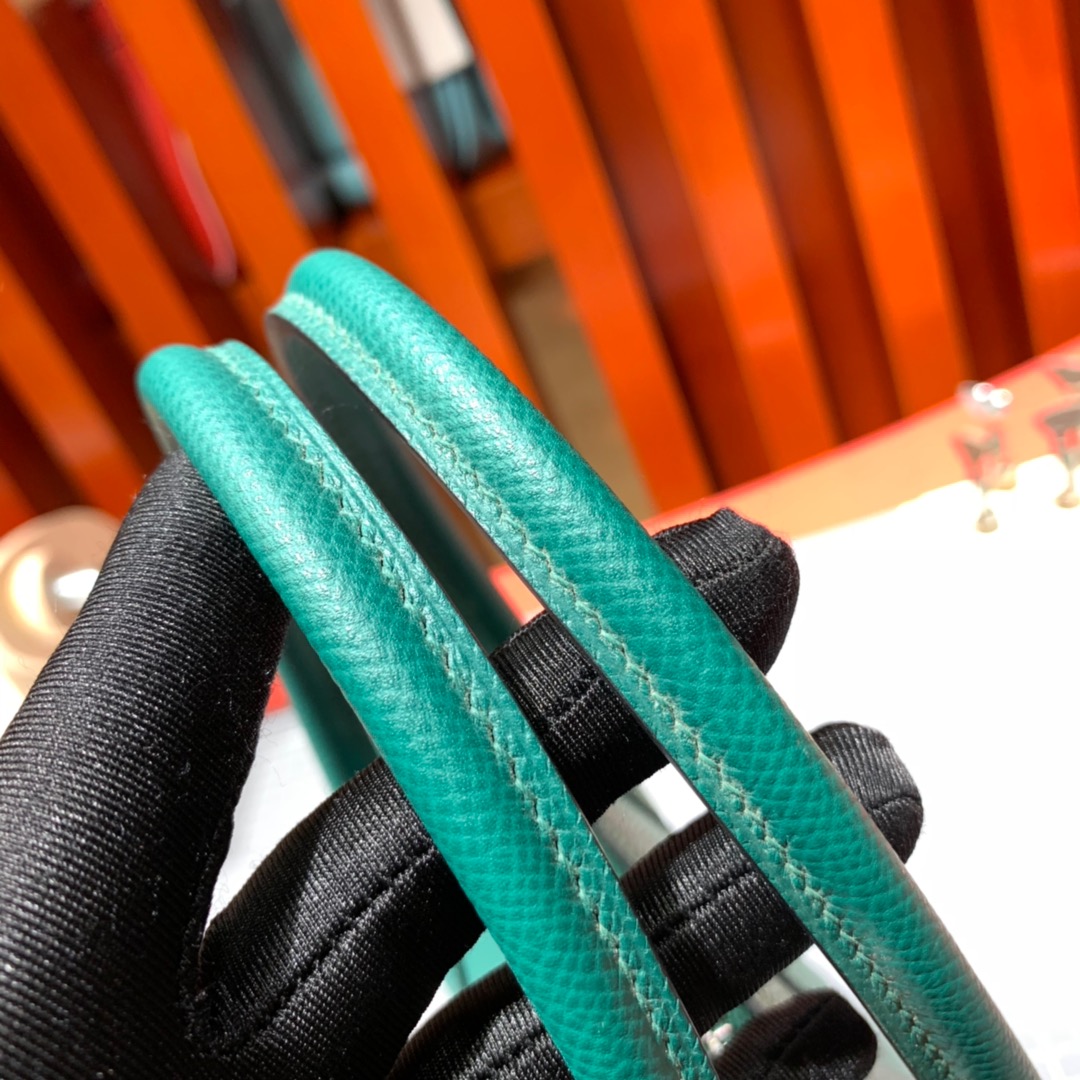 Hermes Bolide27CM 爱马仕孔雀绿进口掌纹牛皮保龄球包手提女包 银扣