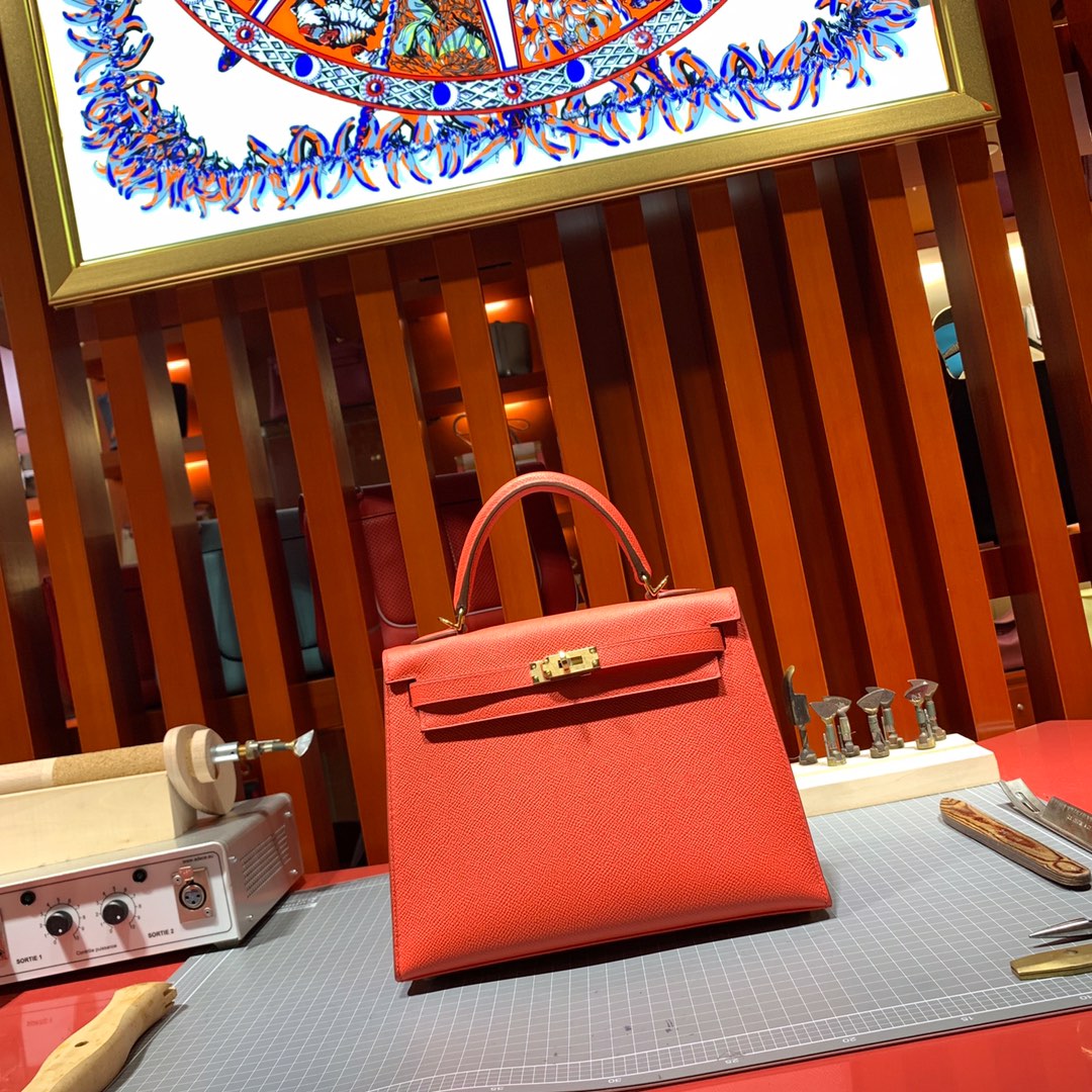 爱马仕凯莉包价格 Hermes Kelly25CM 橙色顶级手掌纹牛皮 金扣