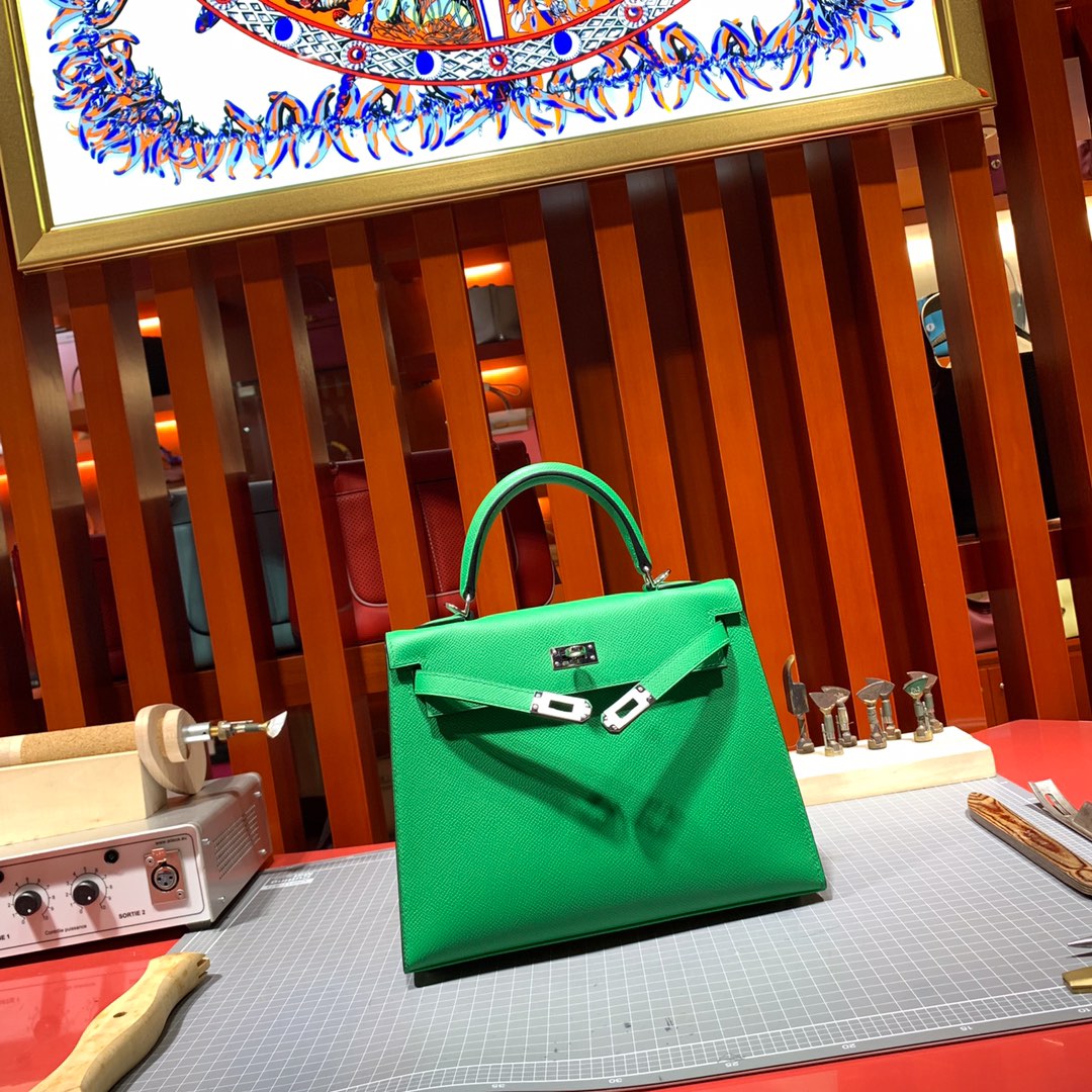 爱马仕凯莉包尺寸 Hermes Kelly25CM 竹子绿十字纹牛皮 银扣