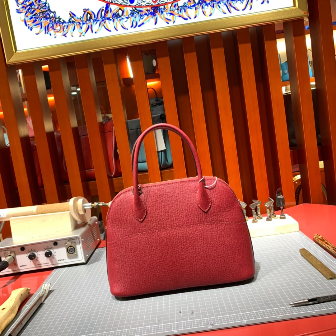 Hermes Bolide27CM 爱马仕原厂Epsom牛皮保龄球包手提女包 石榴红