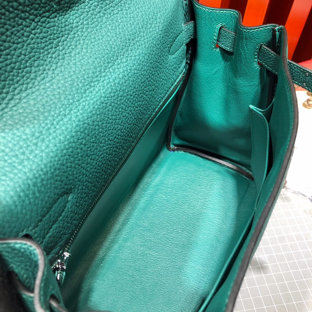 爱马仕经典女包 Hermes Kelly28CM 进口Togo牛皮孔雀绿凯莉包 银扣