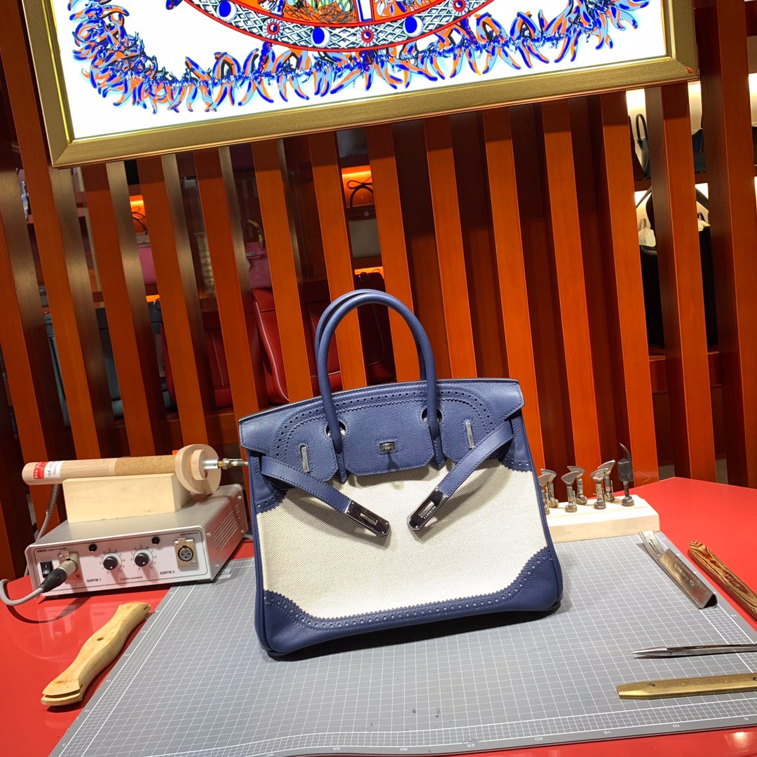 爱马仕拼色铂金包蕾丝款 Hermes Birkin30CM 宝石蓝Swit牛皮拼帆布 银扣