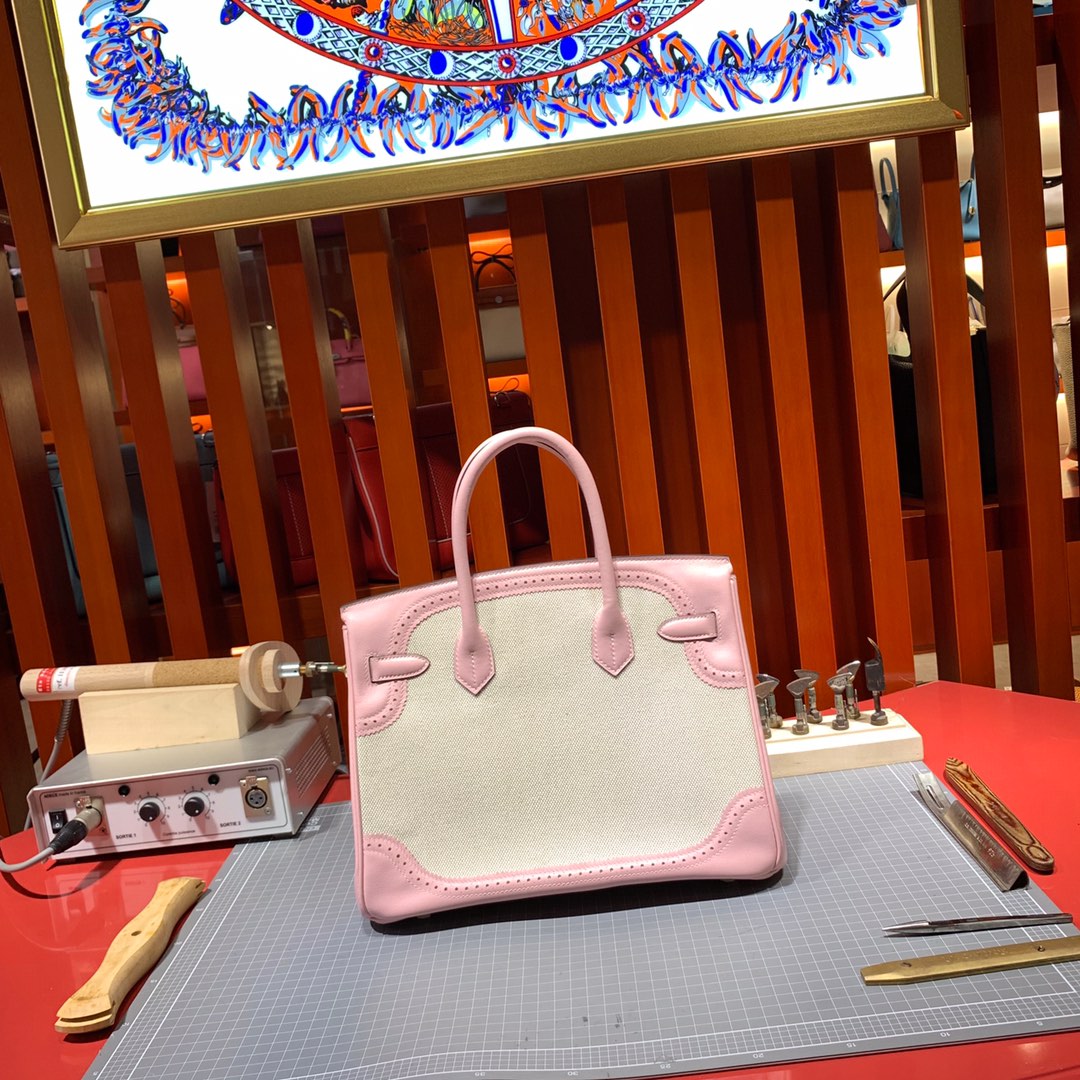 爱马仕铂金包价格 Hermes Birkin30CM 3Q粉色牛皮拼帆布蕾丝铂金包 银扣