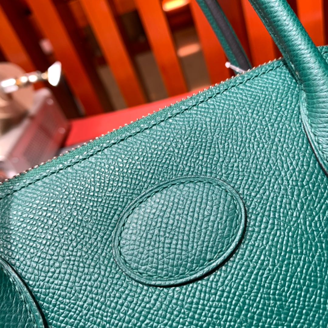 Hermes Bolide27CM 爱马仕孔雀绿进口掌纹牛皮保龄球包手提女包 银扣
