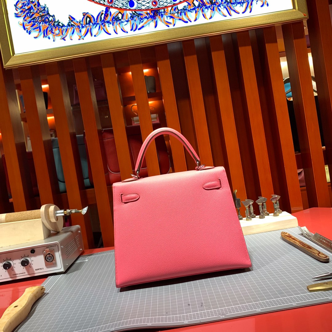 爱马仕女包定制 Hermes Kelly25CM 唇膏粉顶级Epsom牛皮凯莉包 银扣