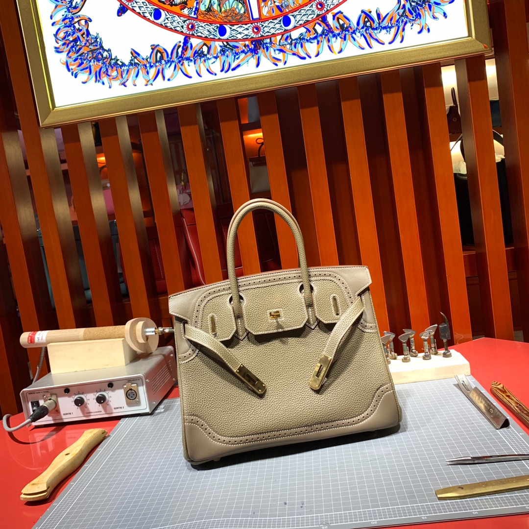 手工缝制 Hermes爱马仕限量款蕾丝铂金包Birkin30cm 大象灰Togo牛皮 金扣