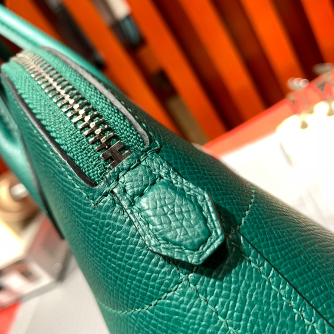 Hermes Bolide27CM 爱马仕孔雀绿进口掌纹牛皮保龄球包手提女包 银扣