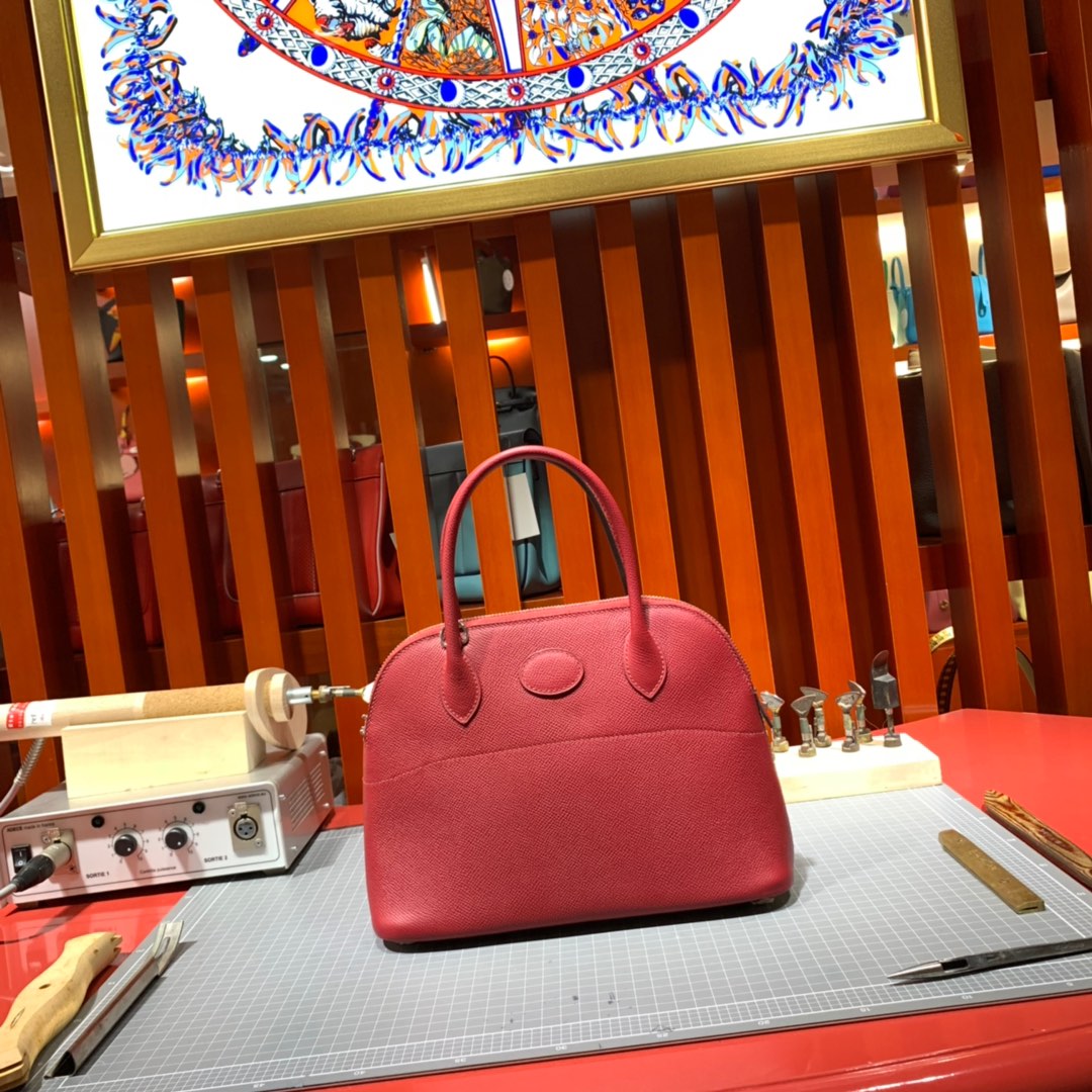 Hermes Bolide27CM 爱马仕原厂Epsom牛皮保龄球包手提女包 石榴红