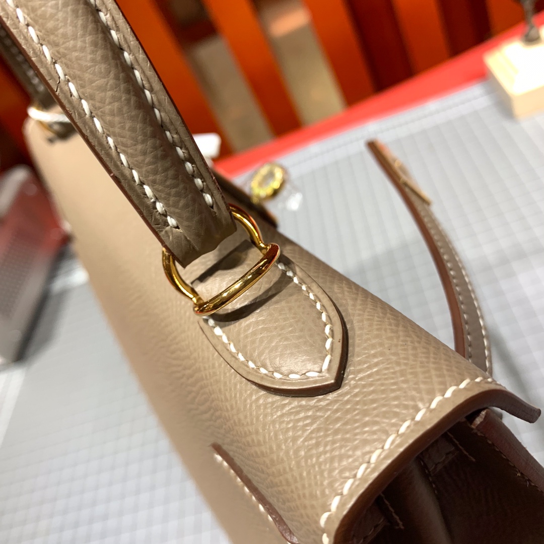 Hermes包包官网 爱马仕大象灰进口手掌纹牛皮凯莉包Kelly25CM 金扣