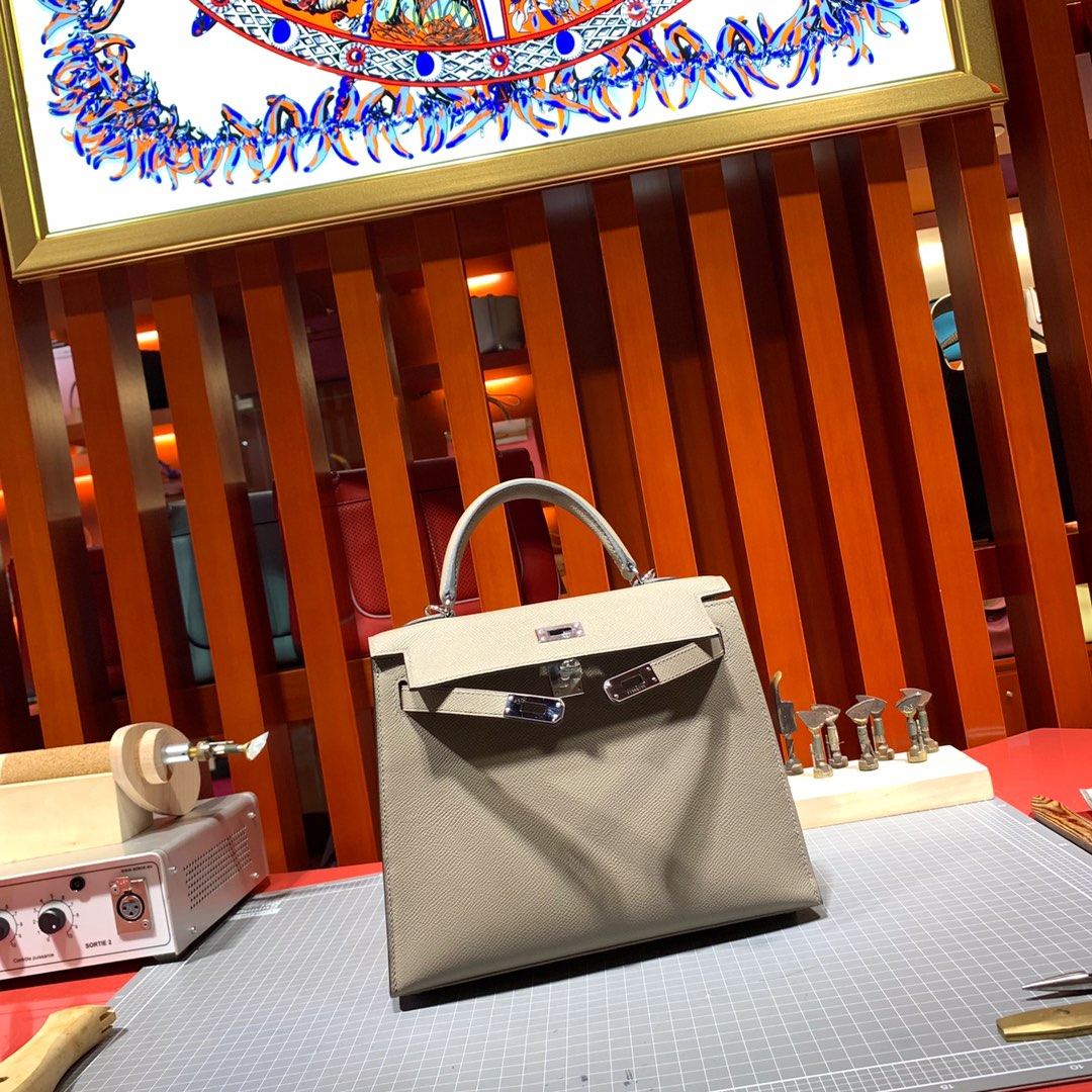 爱马仕经典女包 Hermes Kelly25CM 沥青灰进口十字纹牛皮凯莉包 银扣