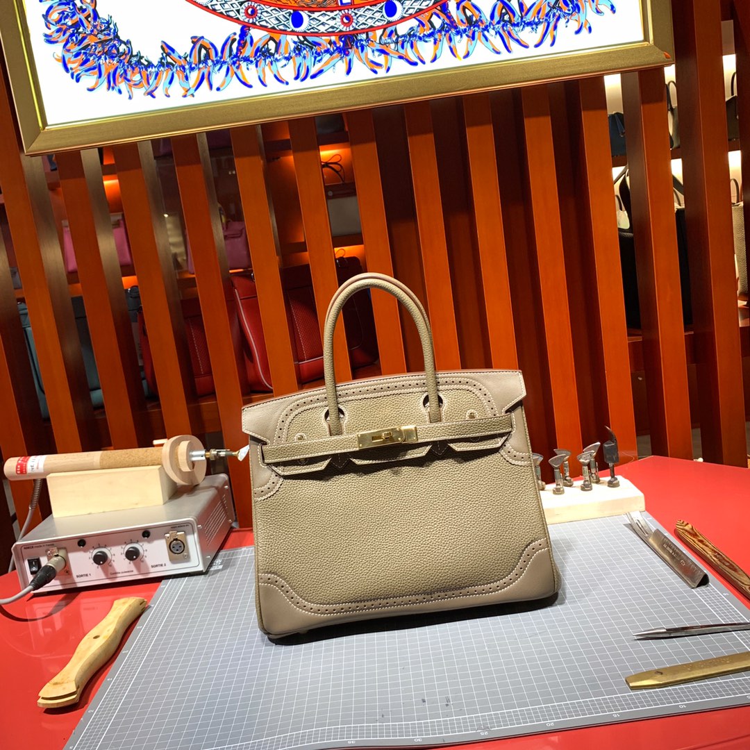 手工缝制 Hermes爱马仕限量款蕾丝铂金包Birkin30cm 大象灰Togo牛皮 金扣
