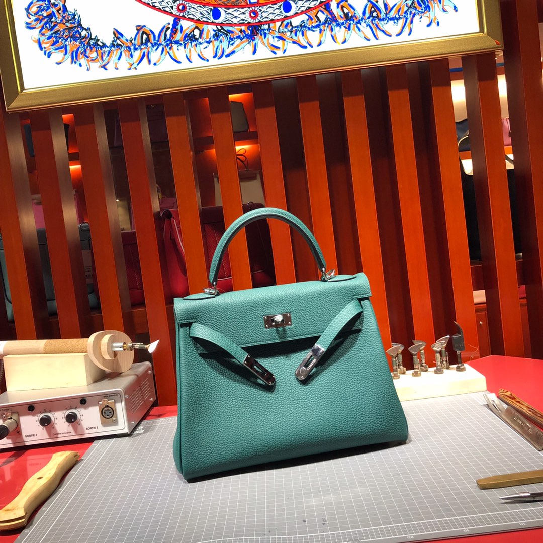 爱马仕经典女包 Hermes Kelly28CM 进口Togo牛皮孔雀绿凯莉包 银扣