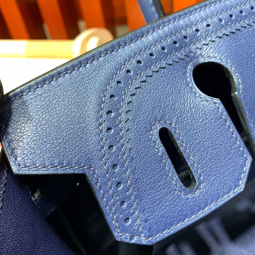 爱马仕拼色铂金包蕾丝款 Hermes Birkin30CM 宝石蓝Swit牛皮拼帆布 银扣